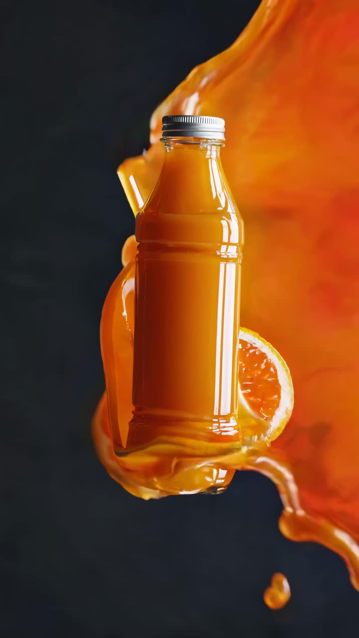 Primer plano dinámico en vídeo de una botella de zumo de naranja en el aire, rodeada de un chapoteo y un cítrico
