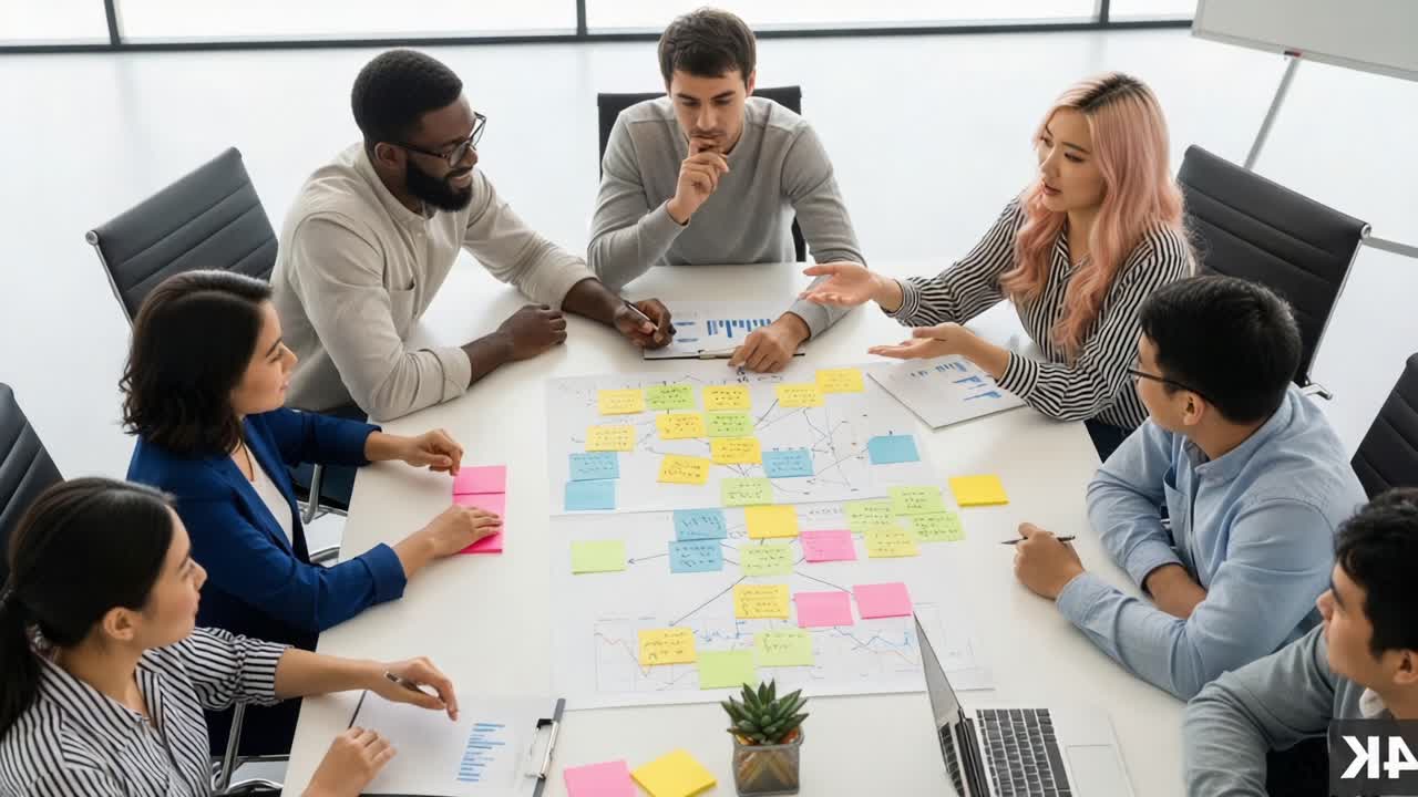 A Diverse Group Engages in Collaborative Brainstorming Over Colorful Sticky Notes on a Conference Table in a Bright Workspace, Fostering Creativity and Ideas