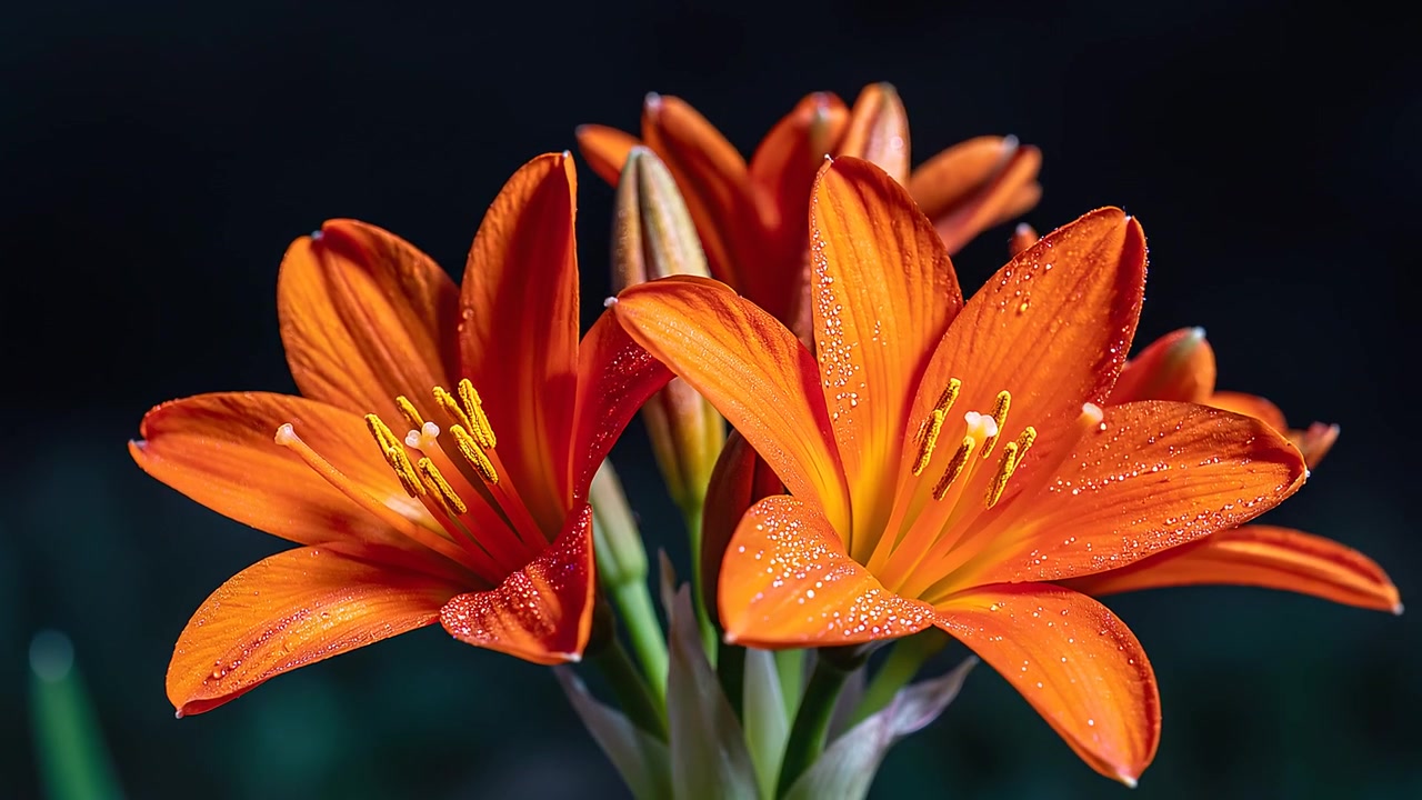Levende orange blomsterknopper, der blomstrer mod en mørk baggrund