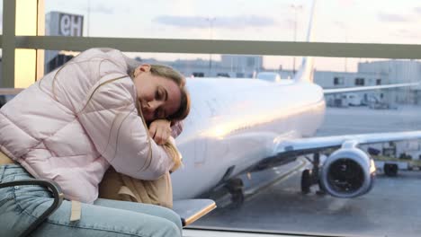 young woman sleeping in the departure area at the airport. travel concept