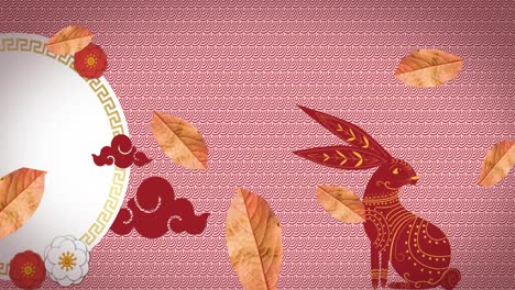 Animation-of-leaves-falling-over-chinese-traditional-decorations-with-rabbit-on-pink-background