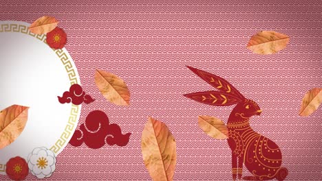 animation of leaves falling over chinese traditional decorations with rabbit on pink background