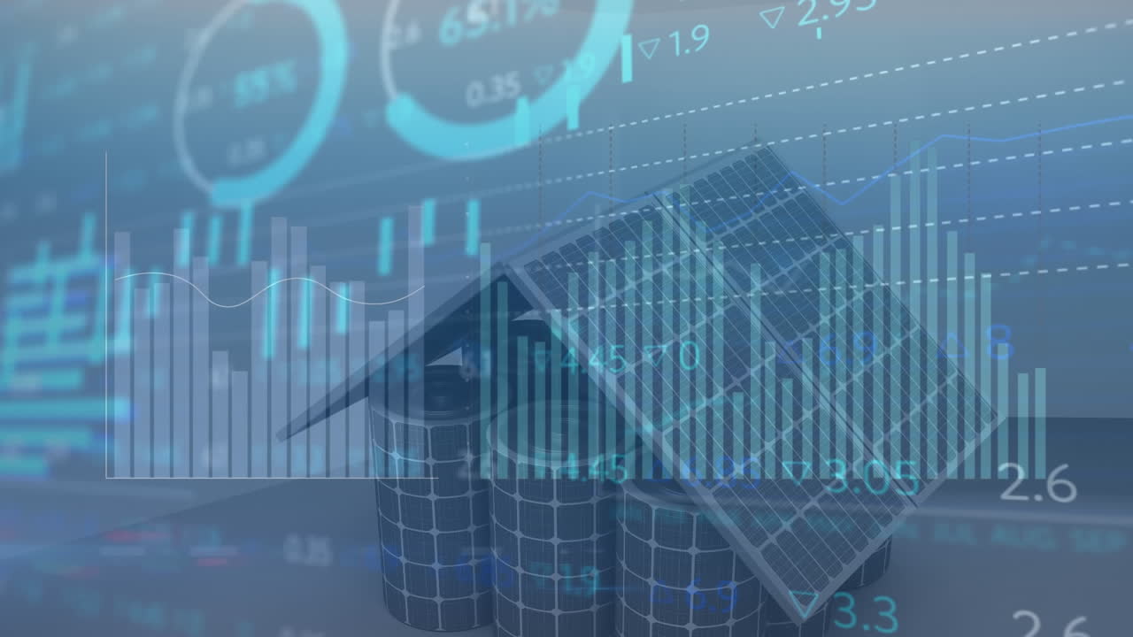 Animation of graphs and trading board over house made of solar panels and batteries