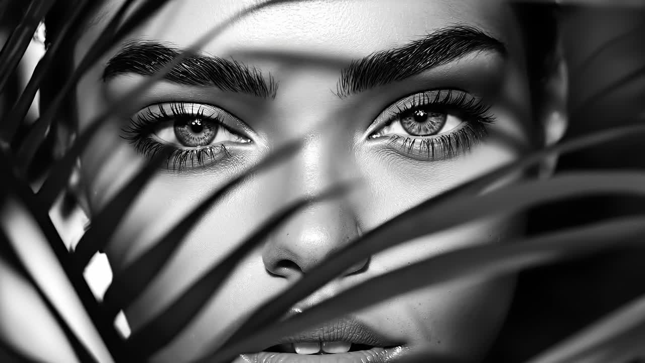 A black and white photo of a woman's face behind a palm tree