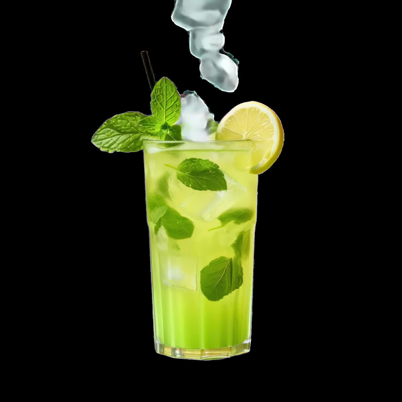 Refreshing minty lemon iced beverage animated overlay, transparent 4K video, alpha channel, ProRes