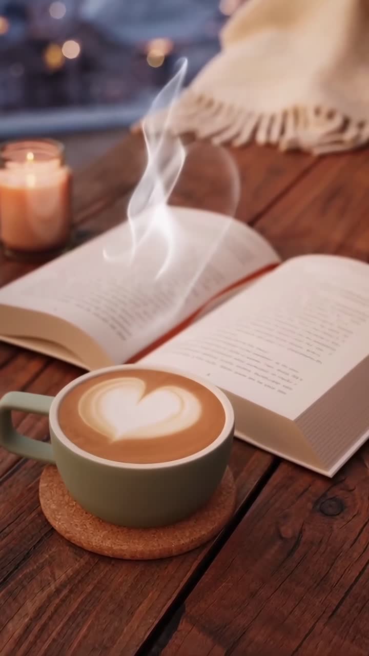 Cena de vídeo aconchegante com um latte quente e livro aberto em uma mesa de madeira, filmado de cima