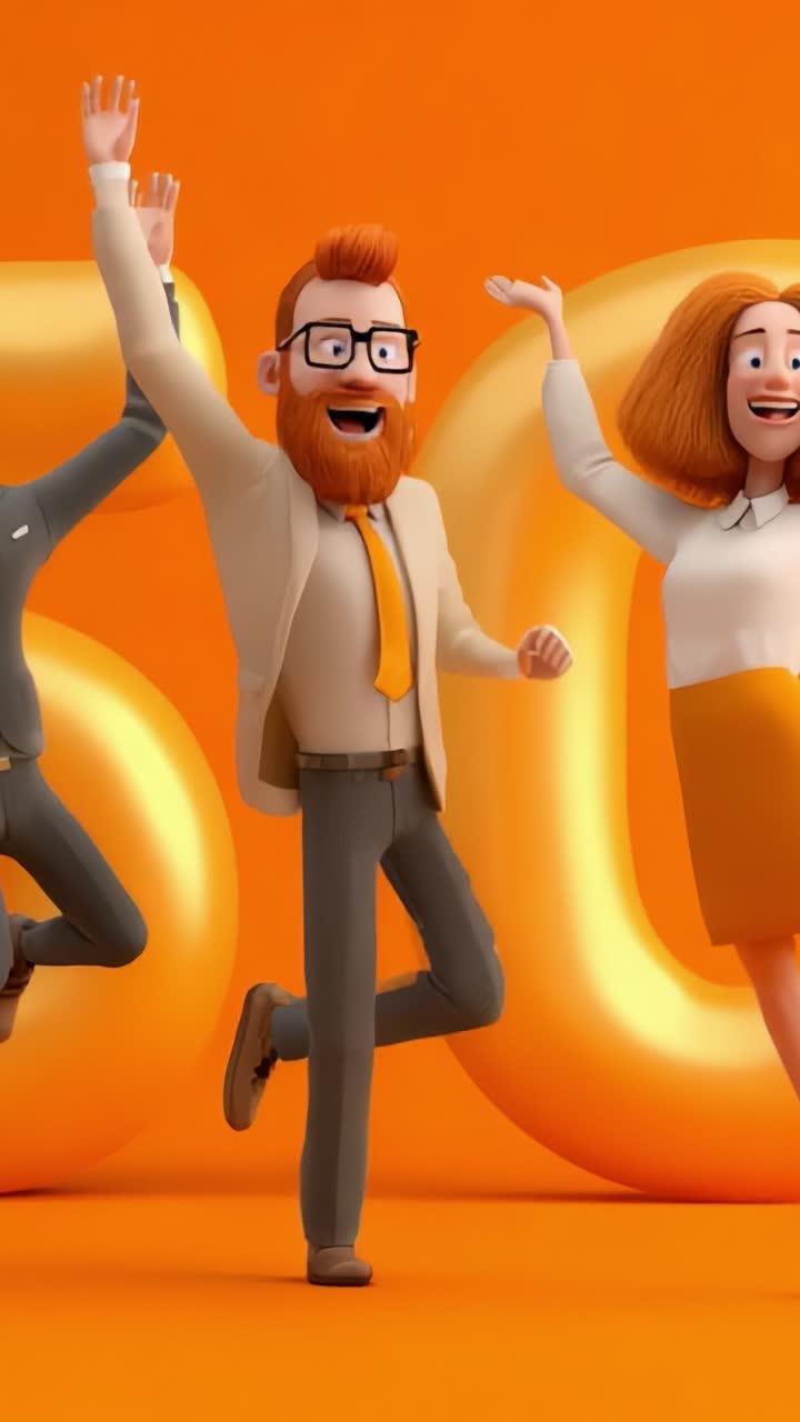 Celebration of Achievement: Animated Characters Joyfully Dancing and Jumping Against a Bright Orange Background with Golden Numbers 50