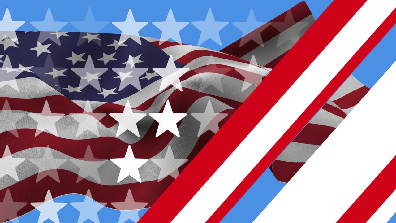 animación de rayas sobre la bandera estadounidense sobre un fondo azul