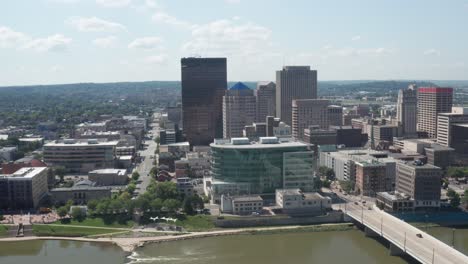 Skyline-Und-Brücke-Von-Dayton,-Ohio-Mit-Drohnenvideo,-Das-Sich-Von-Links-Nach-Rechts-Bewegt