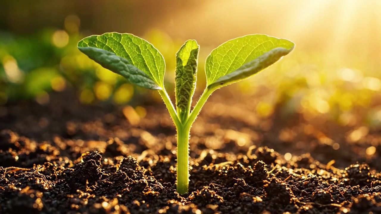 Il Viaggio della Crescita: Dal terreno alla piantina mentre la luce del sole illumina la trasformazione della bellezza della natura in un ambiente da giardino.