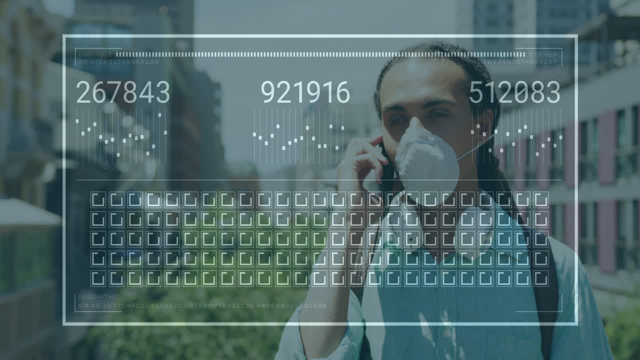 Wearing mask, person talking on phone with animation of digital data overlay