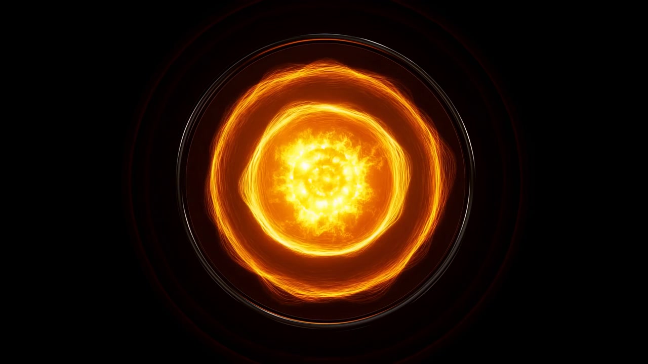 A radiant circular glowing orb with a bright orange-yellow core and concentric luminous rings set dead center on a deep black background. Subtle glass or