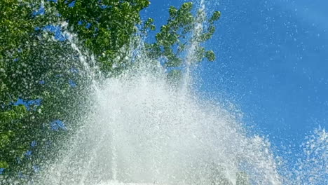 Fuente-De-Agua-En-Primer-Plano,-Con-El-Fondo-Verde-De-Las-Hojas-De-Los-árboles-Y-El-Cielo-Azul,-El-Agua-Cristalina-Crea-Un-Hermoso-Efecto