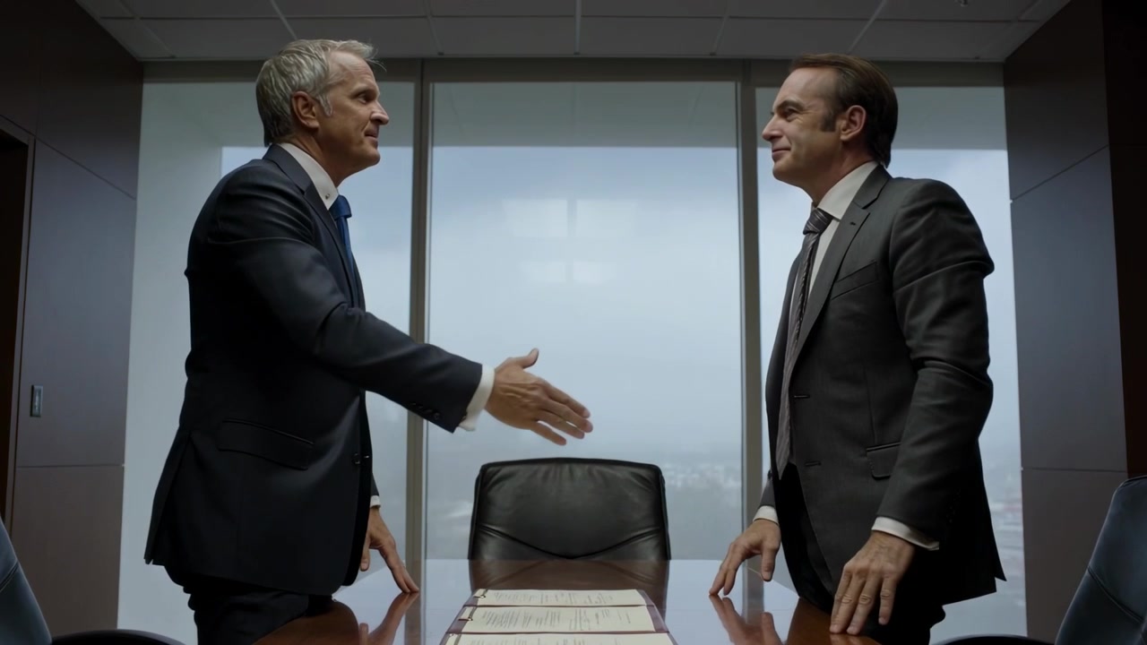 Reviewing contract, two midlife men rising and shaking hands in boardroom, finalizing deal in suits