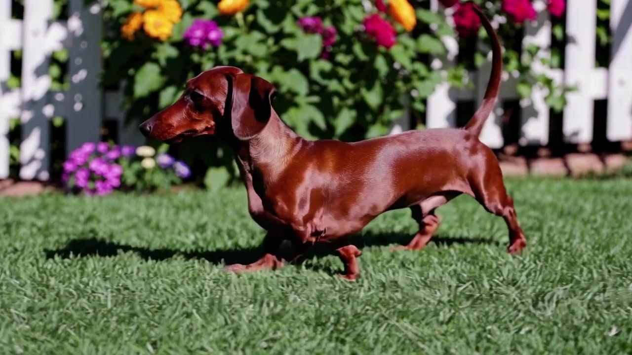 Cane bassotto marrone che corre e gioca sull'erba verde in giardino
