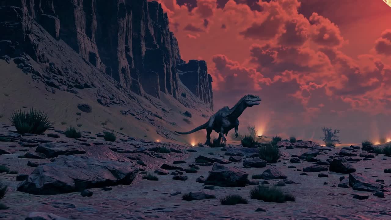 A dramatic low-angle shot of a dinosaur in a rocky desert at sunset, capturing a cinematic