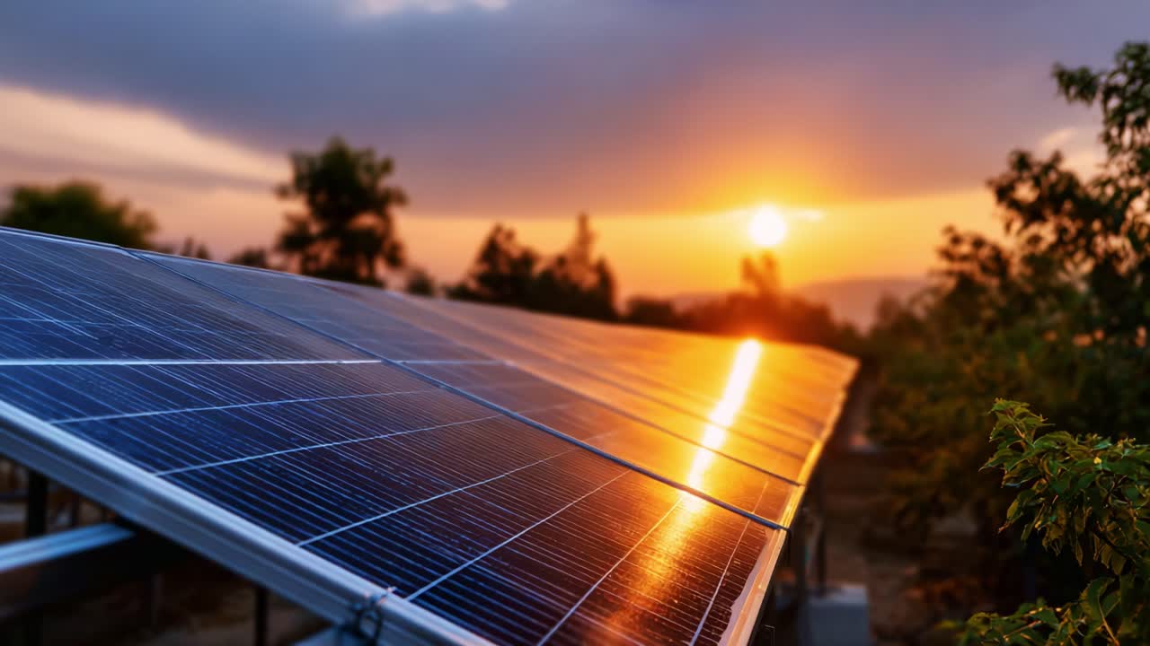 Tramonto su pannelli solari: cattura la bellezza dell'energia rinnovabile in un paesaggio pittoresco con riflessi scintillanti del sole al tramonto