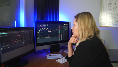 female forex and stock trader following the trajectory of a chart and placing a stop loss on her trading