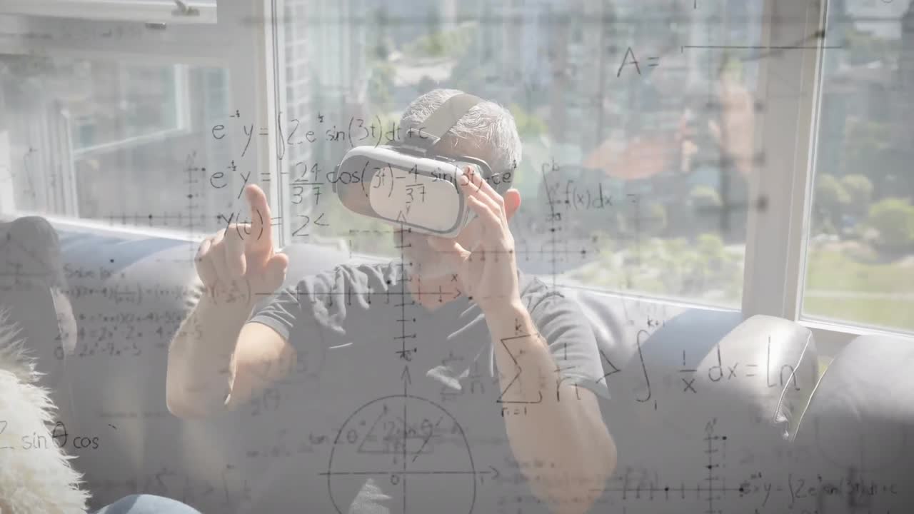 animación de dibujos matemáticos y ecuaciones sobre el hombre que usa auriculares vr
