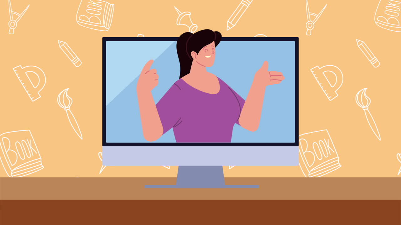 female teacher worker in desktop computer