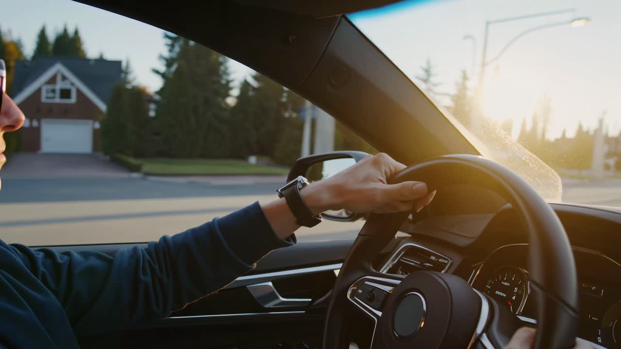 POV video of a person driving a car at sunset, capturing a serene and focused atmosphere