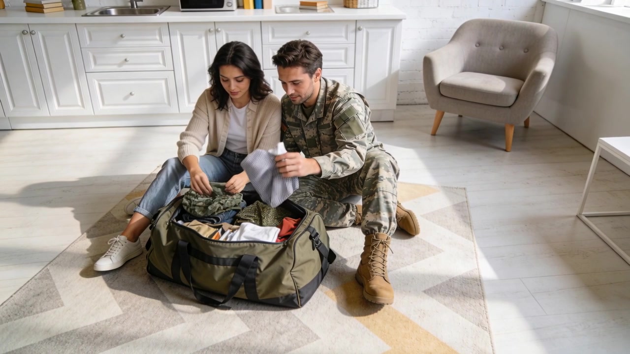 Menyortir pakaian setelah menemukan tas duffel terbuka, pasangan militer berkemas di rumah bersiap untuk penugasan.