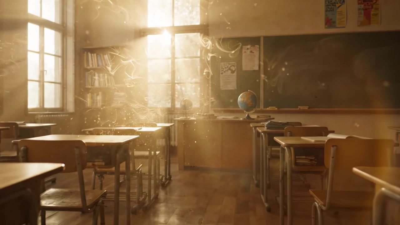 A Serene Classroom Scene Bathed in Warm Sunlight, Highlighting Dust Particles and an Organized Learning Environment with Desks, Books, and a World Globe