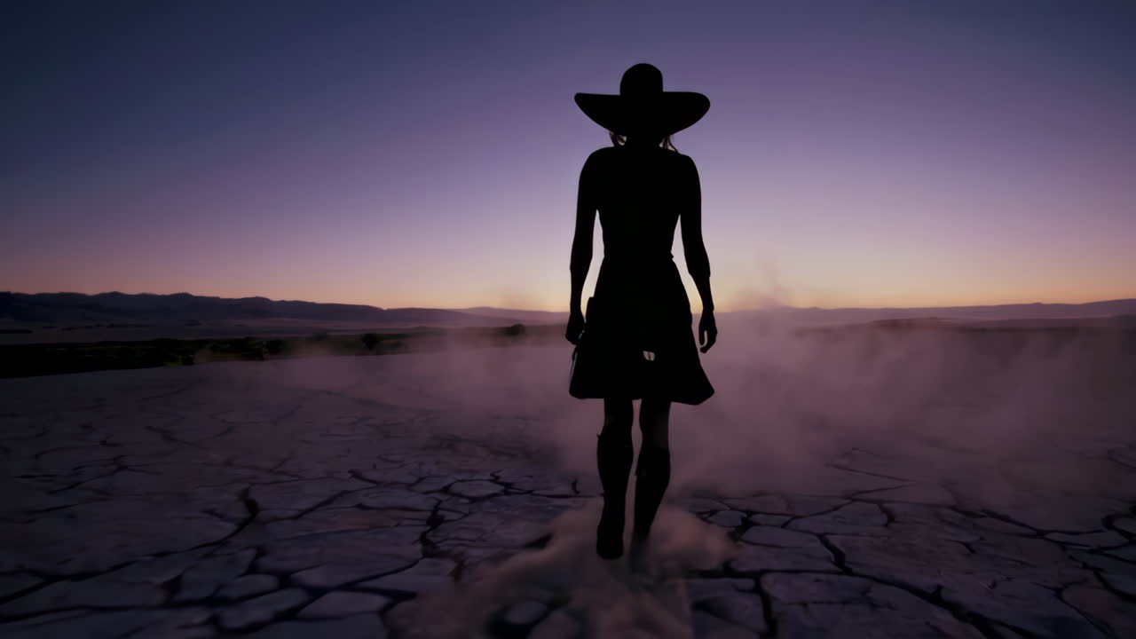 Woman Walking Through a Desert at Sunrise/Sunset