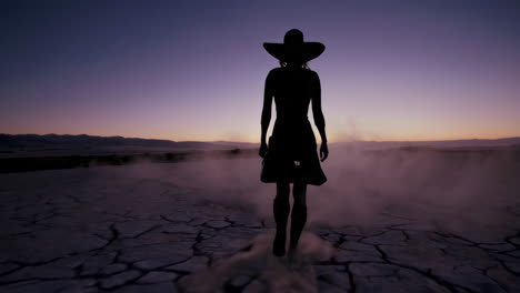 woman walking through a desert at sunrise/sunset