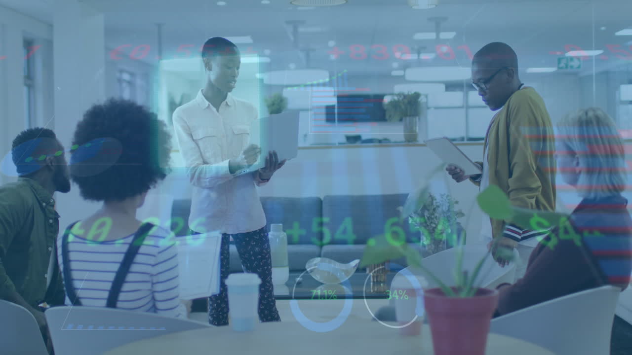 Animation of statistics and financial data processing over diverse business people in office