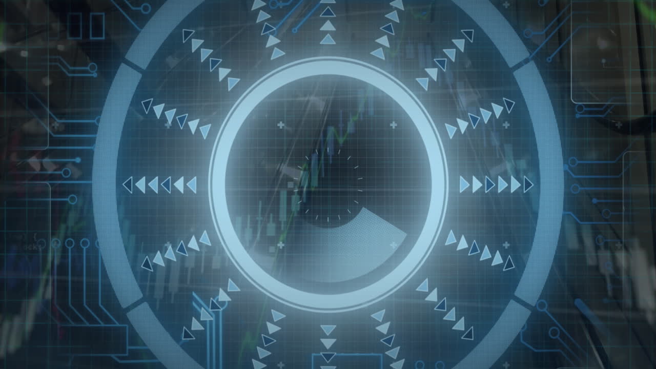 Animation of round scanner, microprocessor connections and financial data processing over escalator