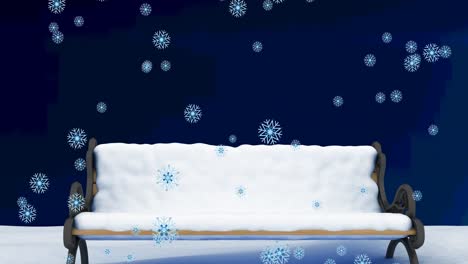 animation of snow falling over bench in winter scenery