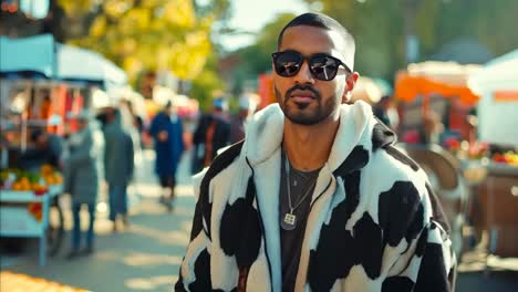 a man in a black and white cow print coat and sunglasses