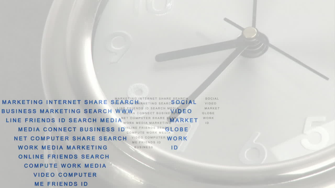 Digital animation overlaying clock face with business and internet concepts