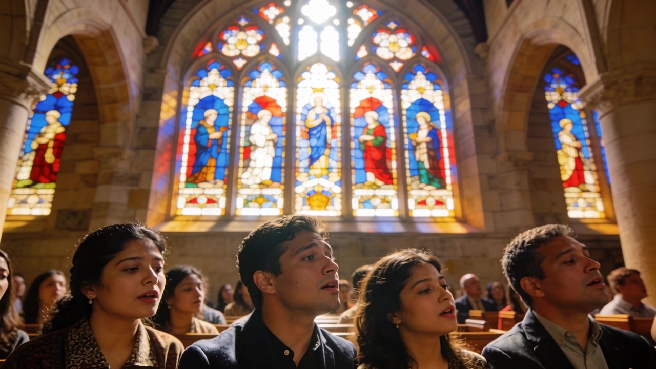 Singing adults wearing coats joining as hymn begins clasping hands in front pew stained glass light