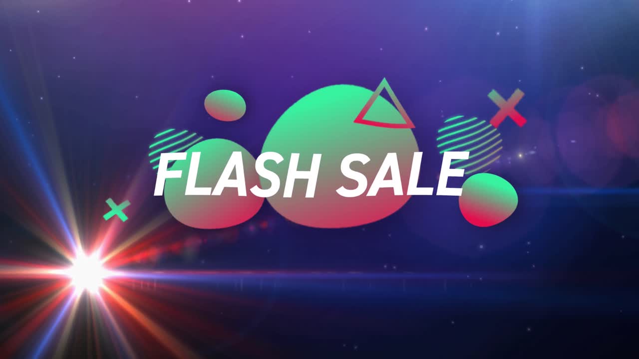 빛나는 보라색 배경에 녹색에서 빨간색 모양에  ⁇ 색으로 플래시 판매 텍스트의 애니메이션