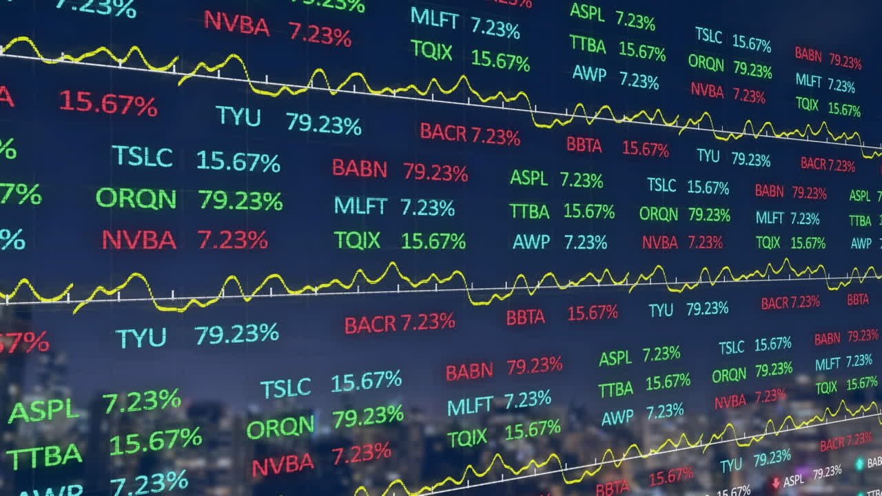 도시 풍경 위의 금융 데이터 처리 애니메이션