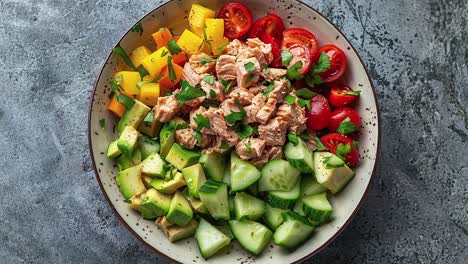 fresh healthy salad bowl with tuna, vegetables, and herbs