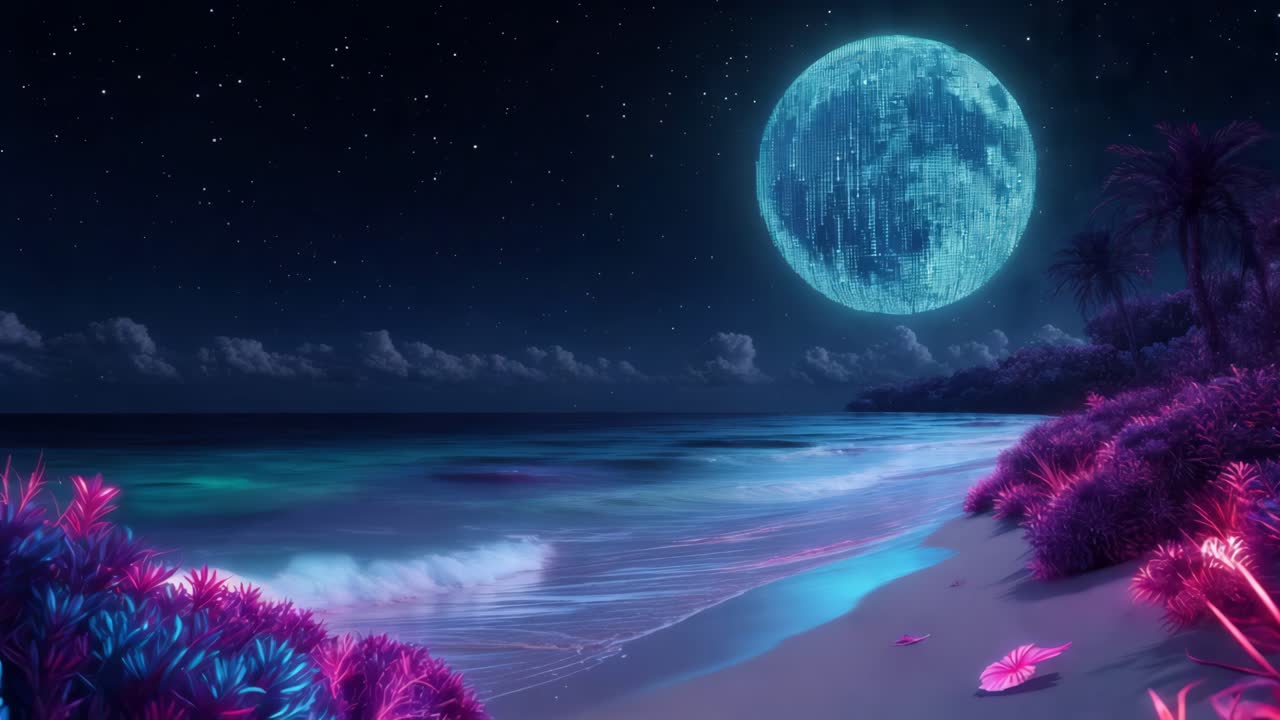 Spiaggia al neon di notte con luna digitale