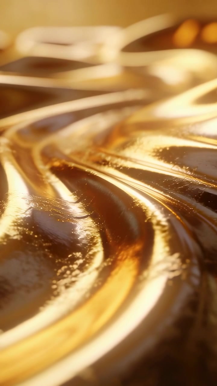 Ripresa macro che scorre su creste dorate lucide, con messa a fuoco variabile che rivela un bokeh speculare per il design