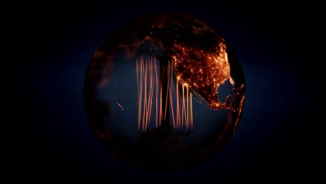 fondo de bucle de animación de concepto de tierra iluminada con mapa del mundo iluminado abstracto y bombilla brillante