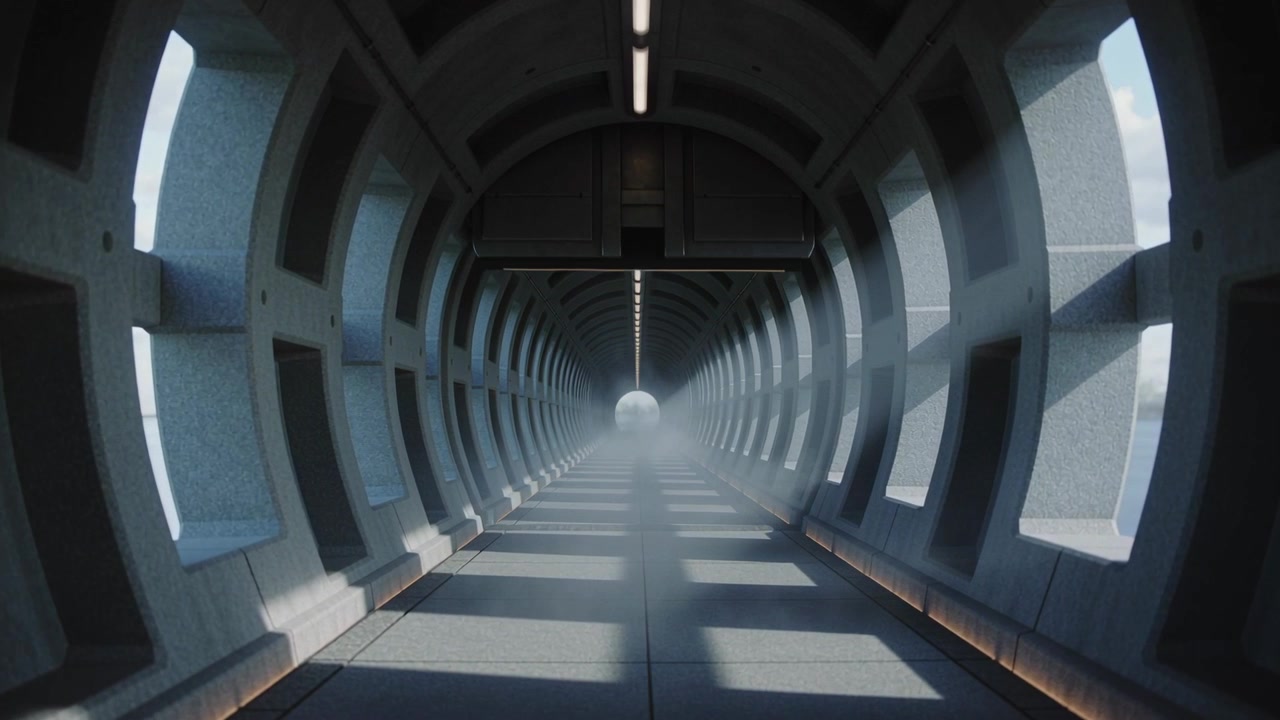Lowering ceiling panels revealing glowing sphere at arched corridor, light shafts and fog rising
