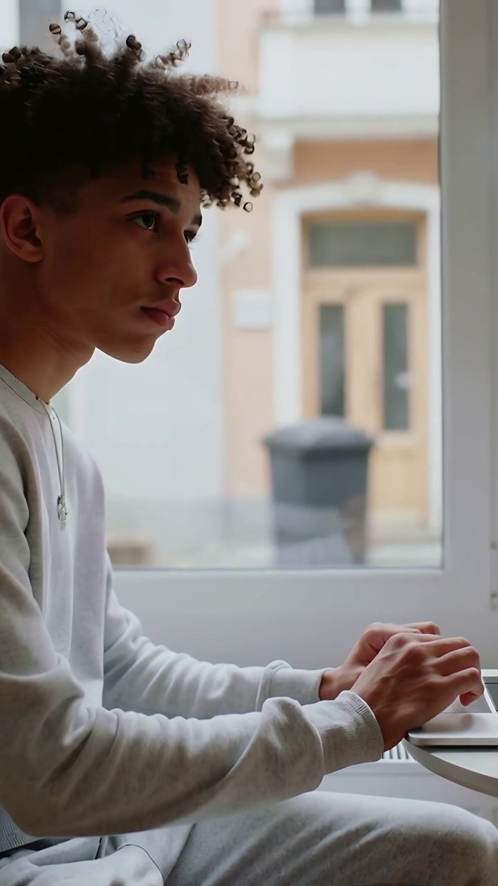 Vertikal video: Mann som skriver, starter tastetrykk ved bord ved vindu, i lys genser bruker bærbar PC