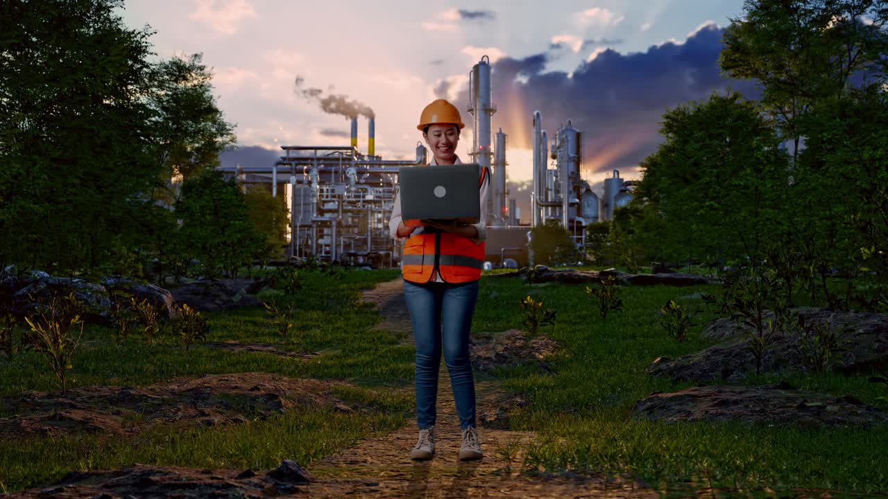 Full Body Of Asian Female Engineer With Safety Helmet Working On A Laptop While Standing In Front Of Oil Refinery