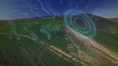 circuito digital y animación del mapa del mundo sobre vista aérea del paisaje verde