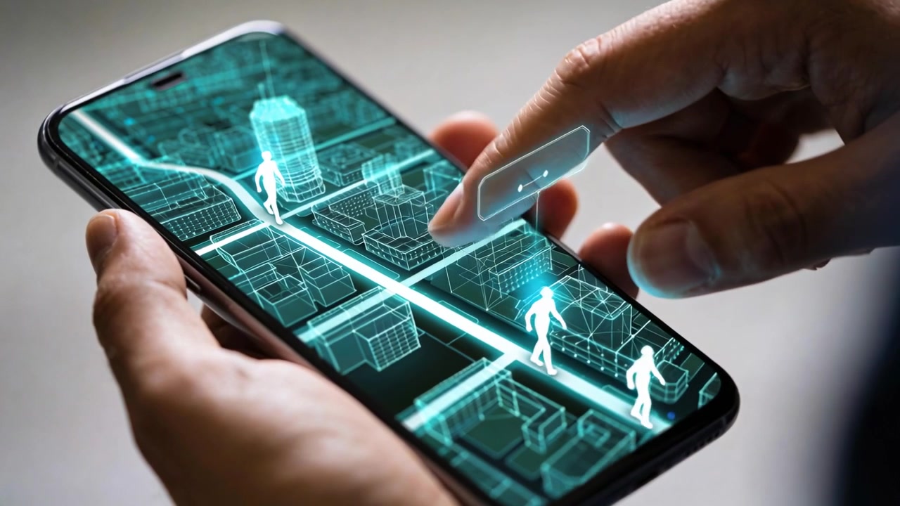 User tapping right finger near avatar on phone 3D map at desk, viewing tooltip, selecting route