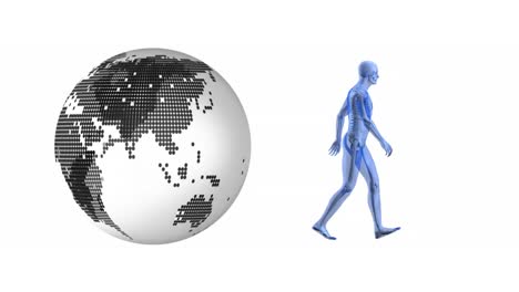 animation of human walking and globe on white background