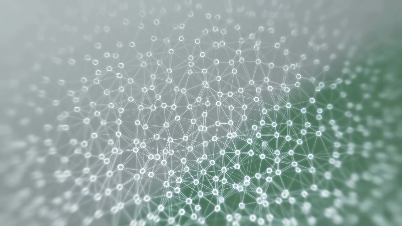 Abstract Digital Network Glowing Connected Nodes, Shallow Depth, Soft Bokeh, Green Gradient Background,
