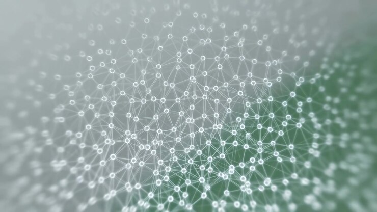 Abstract Digital Network Glowing Connected Nodes, Shallow Depth, Soft Bokeh, Green Gradient Background,