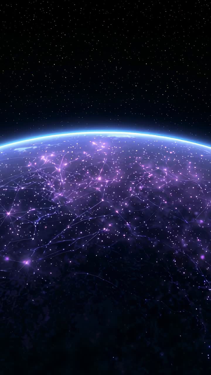 Vertical video: Playing orbital sequence planet nightside showing purple network growing, blue rim